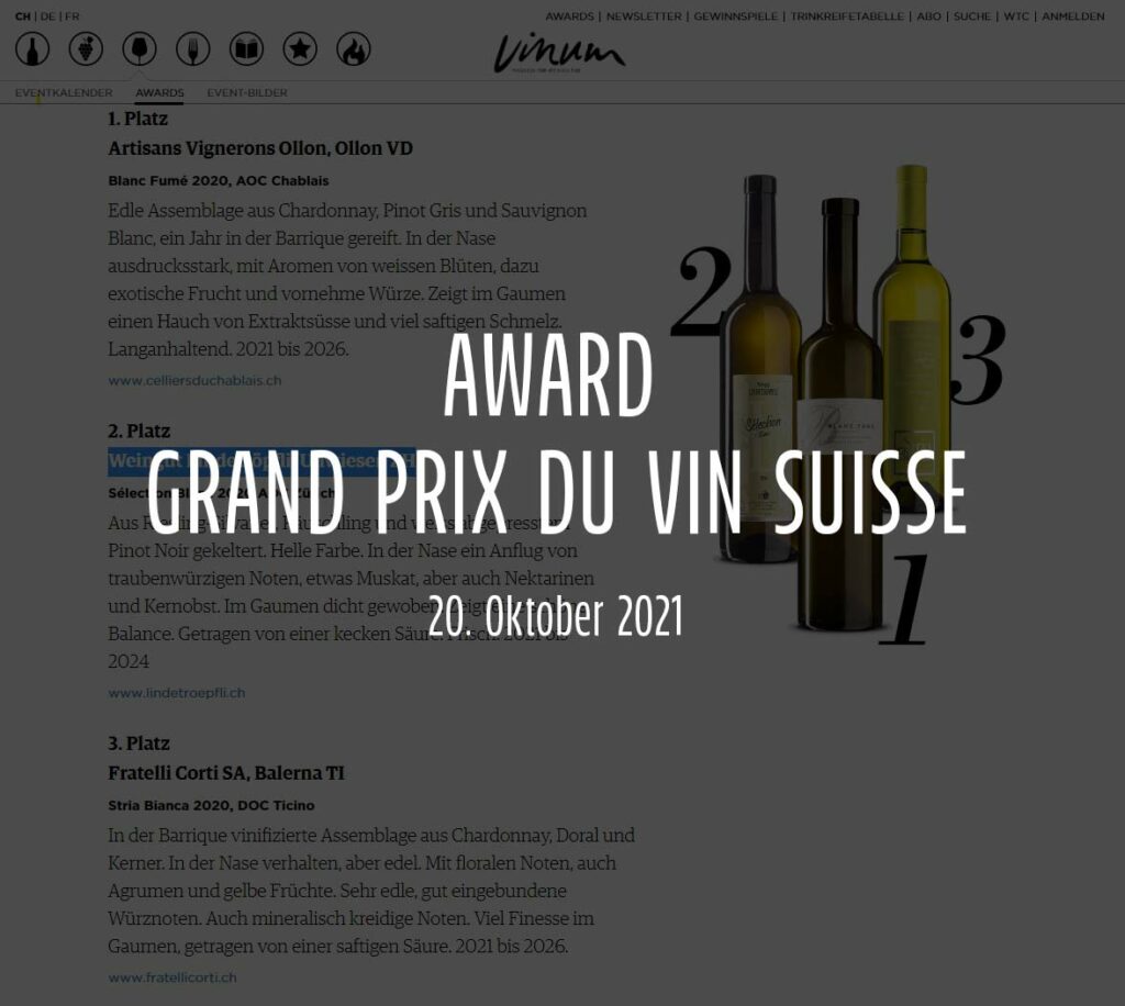 Award Grand Prix de Vin Suisse 2021 - 20.10.2021